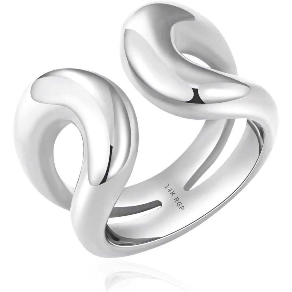 Women's Silver Chunky Bands Ring 14K Real Gold Plated Open Statement Rings